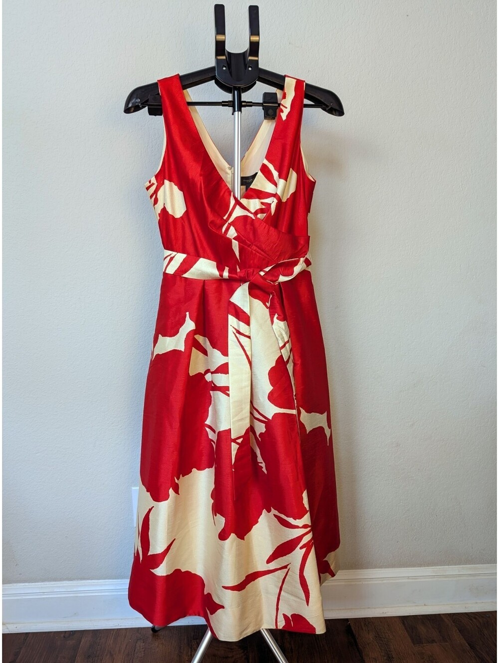 Donna Karan NY Red Floral Wrap Midi Cocktail Dress NWT Sz 6